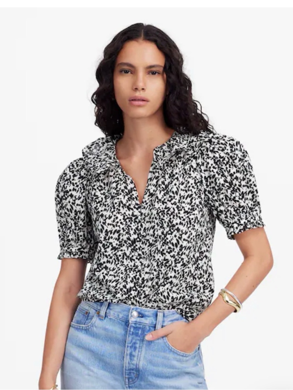 Madewell Black & White Printed Ruffled Puff-Sleeve Blouse